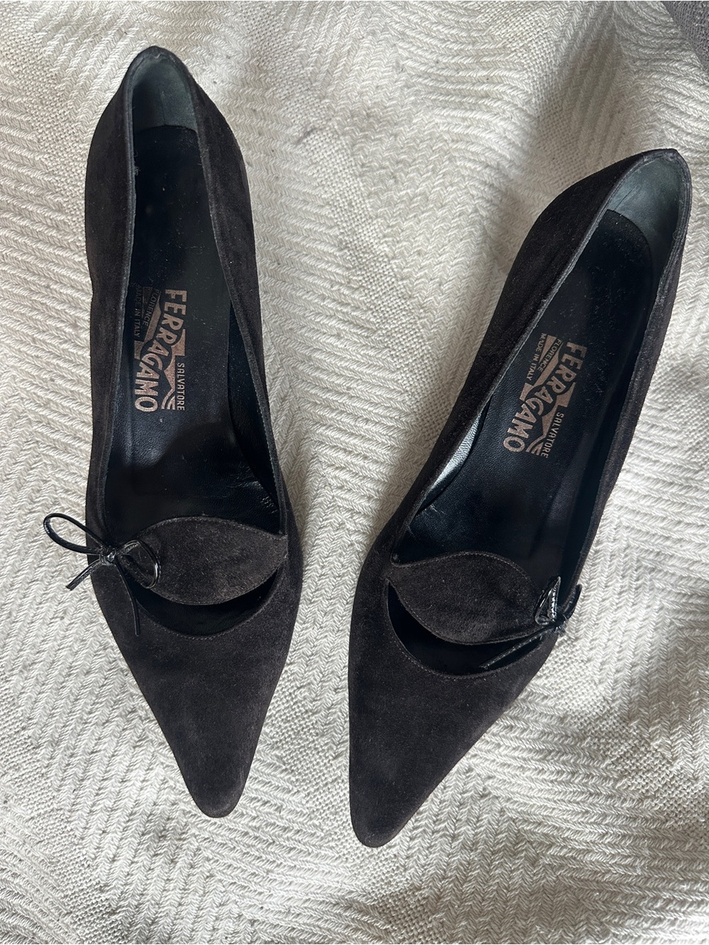 Salvatore Ferragamo Brigida Dark Brown Suede Pointed-Toe kitten heel with Bow